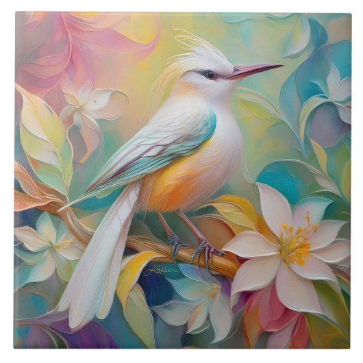 房毛のある黄金の尻尾の幻想的な鳥 タイル (正面)