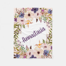 房穂紫色の水彩花 フリースブランケット