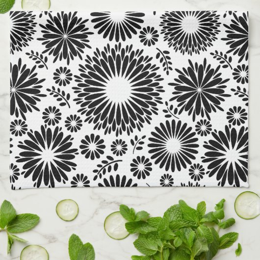 房穂花黒白ベクトル花柄 キッチンタオル (折り畳み)