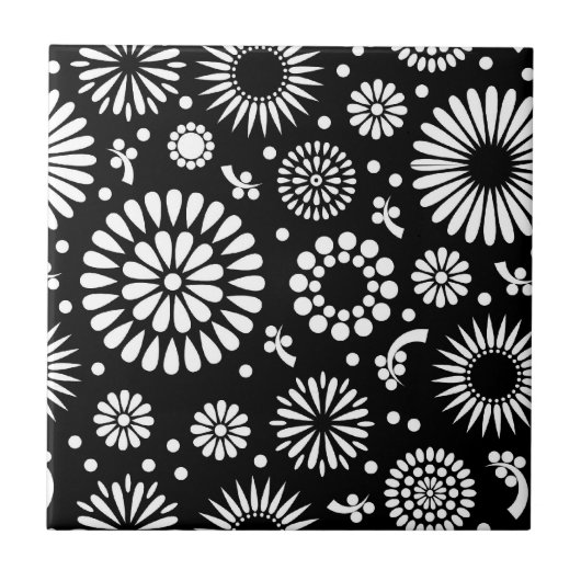 房穂花黒白ベクトル花柄 タイル (正面)