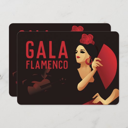 扇のスペインの黒と赤のフラメンコダンサー 招待状 (正面/裏面)