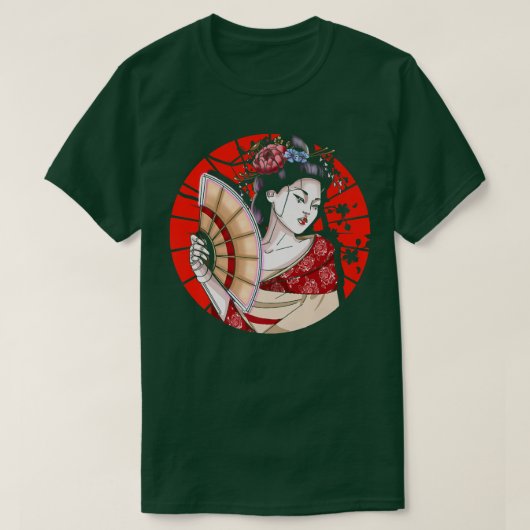 扇子日本の付き芸者桜日本女性Geis Tシャツ (デザイン正面)