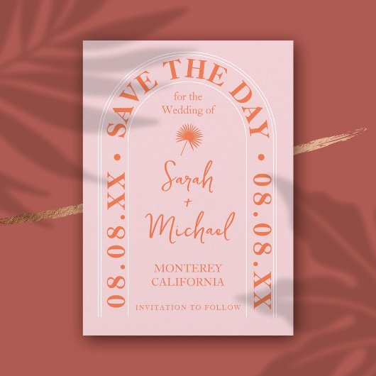 扇形ヤシの葉トロピカル明るい夏のSave The Date 招待状