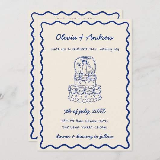 手お洒落ファンキー引きフォトケーキ結婚ー 招待状 (正面/裏面)