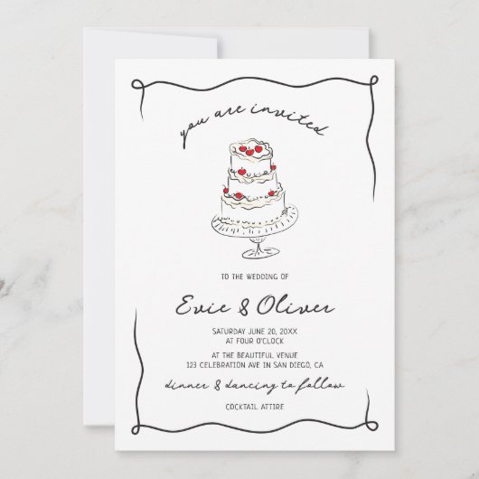 手お洒落予測できな引きさくらんぼケーキ結婚ー 招待状 (正面)