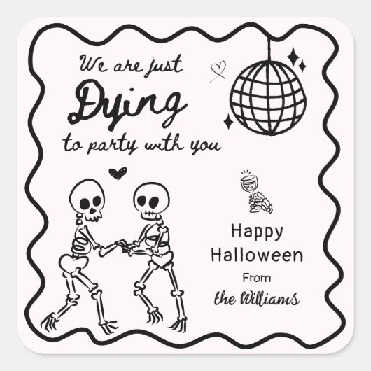 手お洒落予測できな引きスケルトンのハロウィーン スクエアシール (正面)