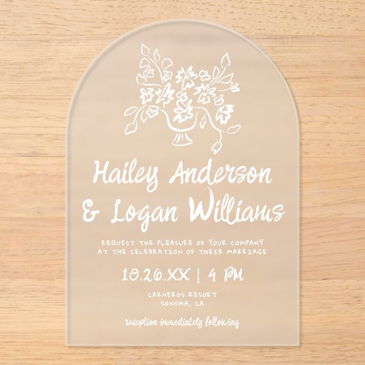 手お洒落図解入りの、写真付きの引きフローラ結婚 アクリル招待状 (正面)