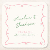 手お洒落引きグリーンとピンク結婚のナプキン スクエアペーパーコースター (正面)