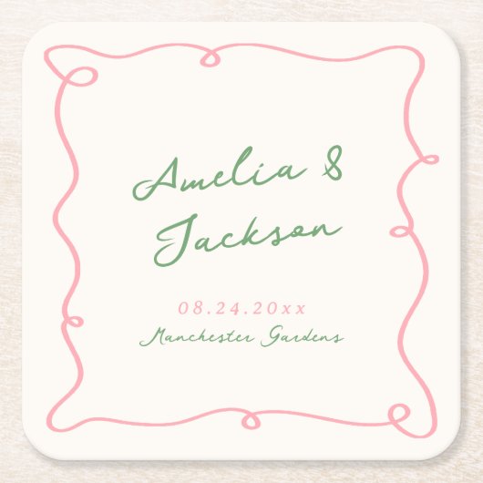 手お洒落引きグリーンとピンク結婚のナプキン スクエアペーパーコースター (正面)