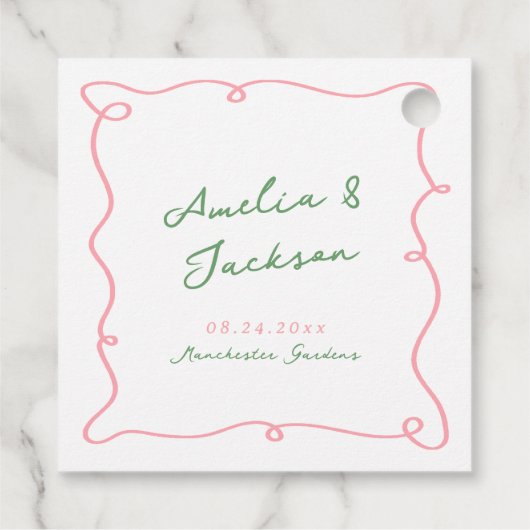 手お洒落引きグリーンとピンク結婚のナプキン フェイバータグ (裏面)