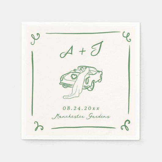 手お洒落引きグリーンヴィンテージカー結婚ズ スタンダードカクテルナプキン (正面)