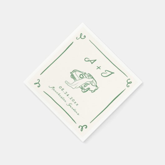 手お洒落引きグリーンヴィンテージカー結婚ズ スタンダードカクテルナプキン (角)