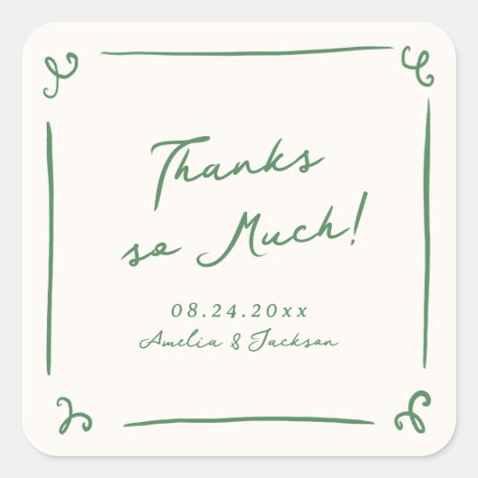 手お洒落引きグリーン結婚の感謝 スクエアシール (正面)