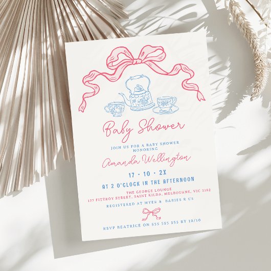 手お洒落引きティーボウベイビーシャワー 招待状