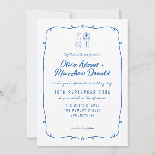 手お洒落引きドードルフランスのスタイル結婚ズ 招待状 (正面)