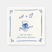 手お洒落引きネイビーブルーボウ結婚ズ スタンダードカクテルナプキン (正面)