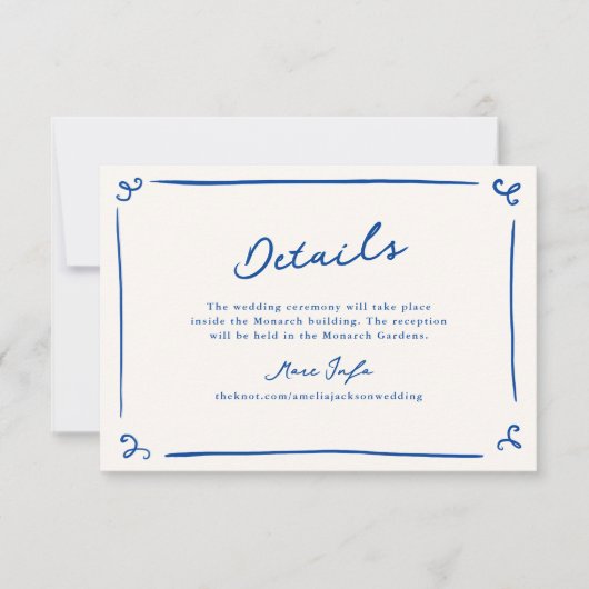 手お洒落引きネイビー結婚ブルー詳細 招待状 (正面)