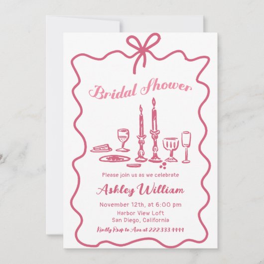 手お洒落引きピンクボウブライダルシャワー 招待状 (正面)