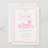 手お洒落引きピンクボウ波結婚の 招待状 (正面)