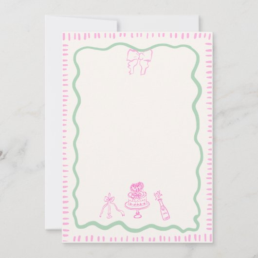 手お洒落引きピンクボウ波結婚の 招待状 (裏面)