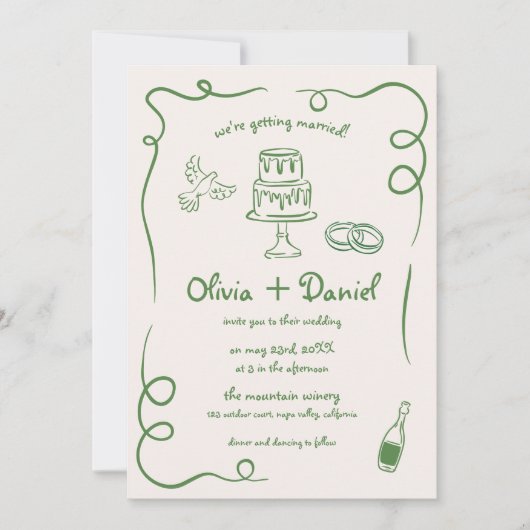 手お洒落引きフランスの緑の詳細結婚 招待状 (正面)
