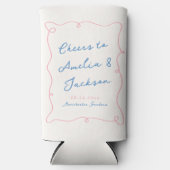 手お洒落引きブルー&ピンク結婚ズ スリム缶クーラー (正面)