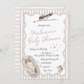手お洒落引きベージュ中性ベビーシャワー 招待状 (正面/裏面)