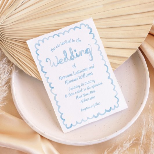 手お洒落引きライトブルー水の色結婚の 招待状