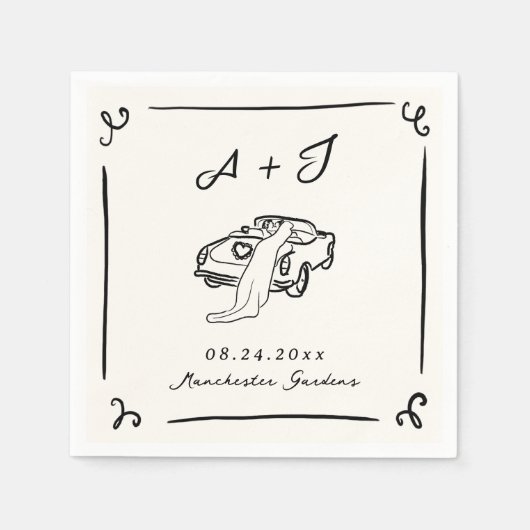 手お洒落引きヴィンテージ車結婚の スタンダードカクテルナプキン (正面)