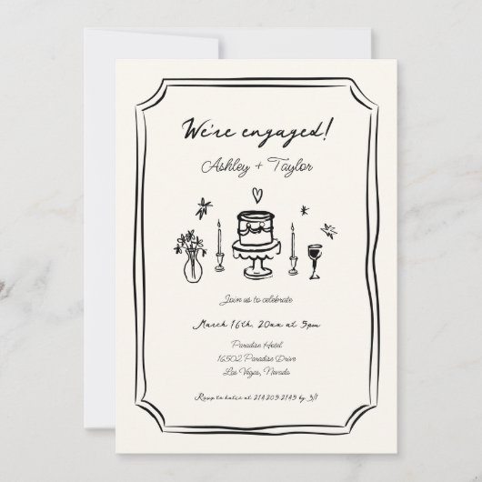 手お洒落引き予測できな婚約パーティ 招待状 (正面)