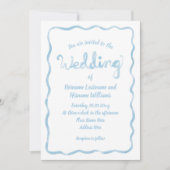 手お洒落引き明るい青色の波状のフレ結婚ーム 招待状 (正面)