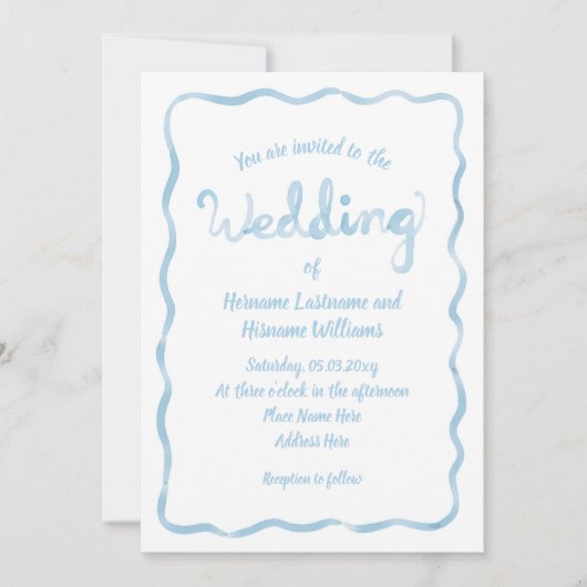 手お洒落引き明るい青色の波状のフレ結婚ーム 招待状 (正面)