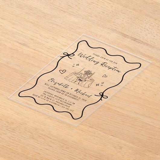 手お洒落引き波型フレーム結婚式レセプション アクリル招待状 (レイダウン)