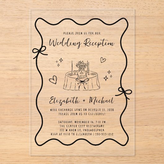 手お洒落引き波型フレーム結婚式レセプション アクリル招待状 (正面)