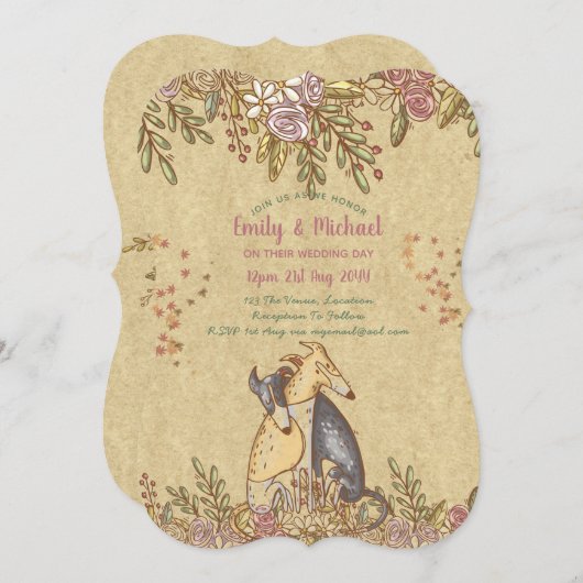 手お洒落引き結婚のドッグ素朴フローラ 招待状 (正面/裏面)