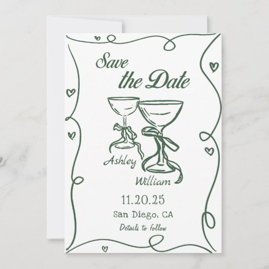 手お洒落引き結婚式の日付を保存 招待状 (正面)