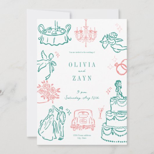 手お洒落引き結婚式招待状ターコイズ 招待状 (正面)