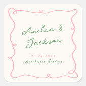 手お洒落引き緑とピンク結婚ズ スクエアシール (正面)