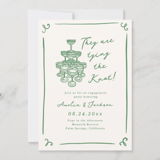 手お洒落引き緑婚約パーティ 招待状 (正面)