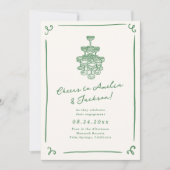 手お洒落引き緑婚約パーティ 招待状 (正面)