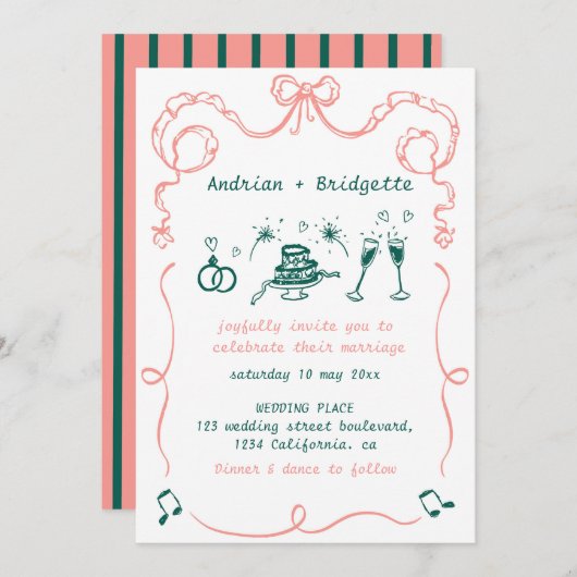 手お洒落引き落書きボー結婚ズ 招待状 (正面/裏面)