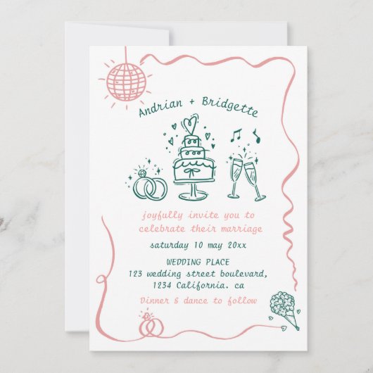 手お洒落引き落書き波状フレーム結婚の 招待状 (正面)