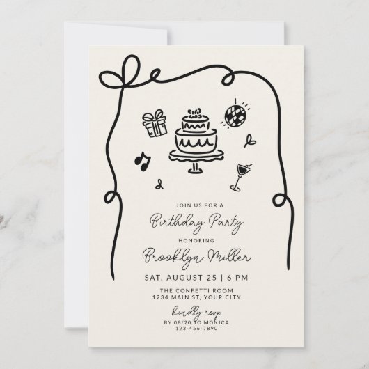 手お洒落引き誕生日パーティー 招待状 (正面)