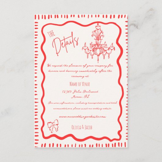 手お洒落引き赤い弓の波の結婚詳細 エンクロージャーカード (正面)