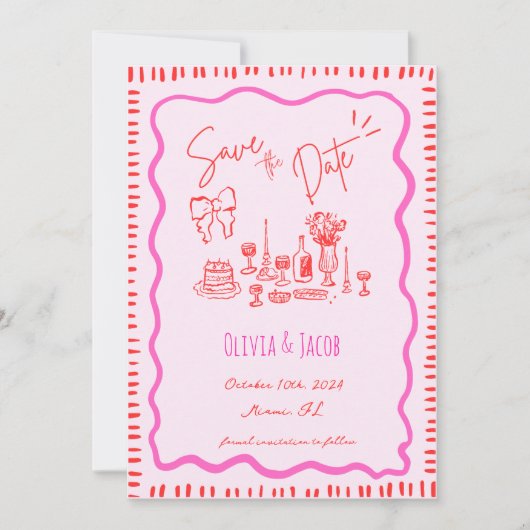 手お洒落引き赤い弓の波打ち結婚の 招待状 (正面)