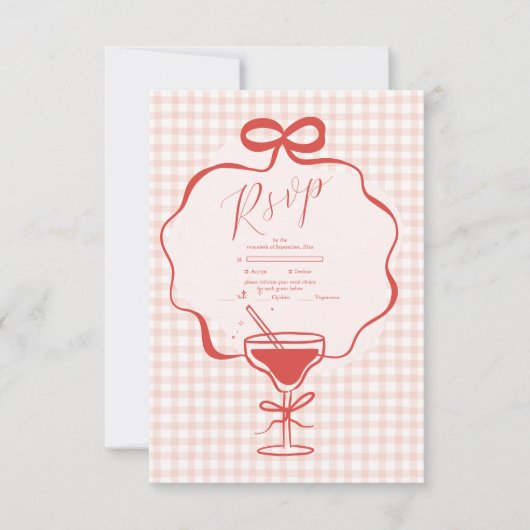 手お洒落引き赤い弓の波打結婚ち 出欠カード (正面)