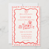 手お洒落引き赤い弓の波打結婚ち 招待状 (正面)