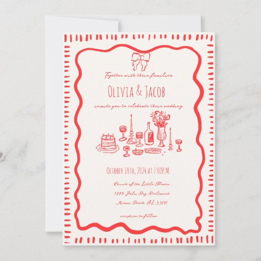 手お洒落引き赤い弓の波打結婚ち 招待状 (正面)