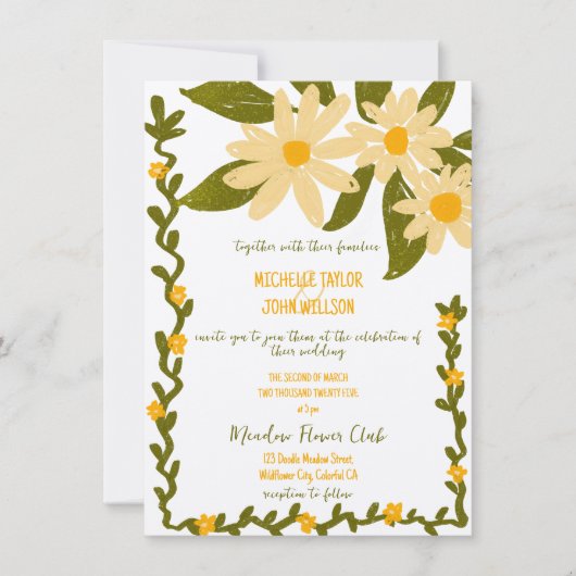 手お洒落引き野草牧草地デイジー 招待状 (正面)