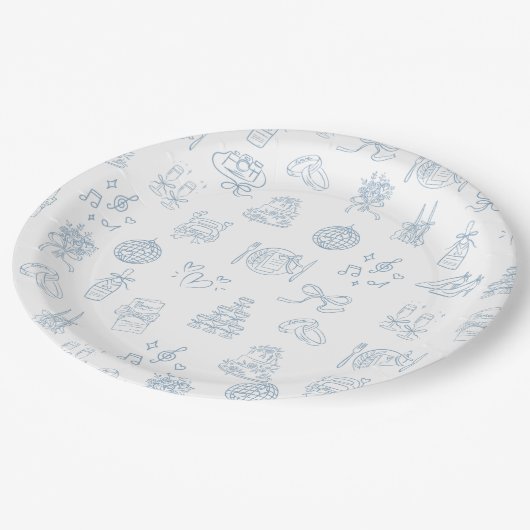 手お洒落引き青図解入りの、写真付きの結婚の ペーパープレート (アングル)